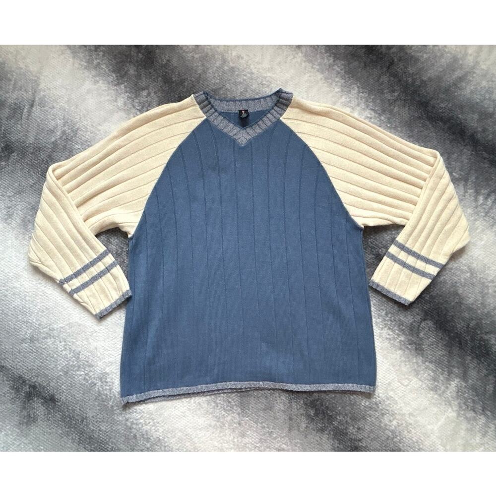 Levi's Y2K Blue White Long Sleeve V Neck Pullover 100% Acrylic Sweater Men's XL